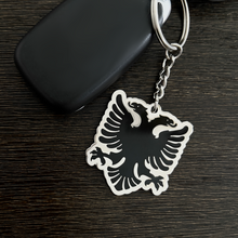 Load image into Gallery viewer, Albanian Eagle Keychain - Premium Hard Enamel, Shiny Silver Finish, Patriotic Albania Symbol, Durable Cultural Accessory, 1.7-inch
