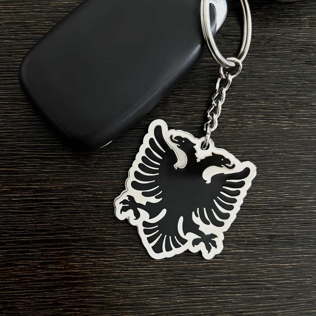 Albanian Eagle Keychain - Premium Hard Enamel, Shiny Silver Finish, Patriotic Albania Symbol, Durable Cultural Accessory, 1.7-inch