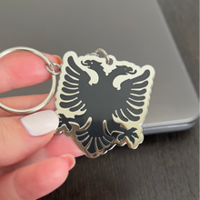 Load image into Gallery viewer, Albanian Eagle Keychain - Premium Hard Enamel, Shiny Silver Finish, Patriotic Albania Symbol, Durable Cultural Accessory, 1.7-inch
